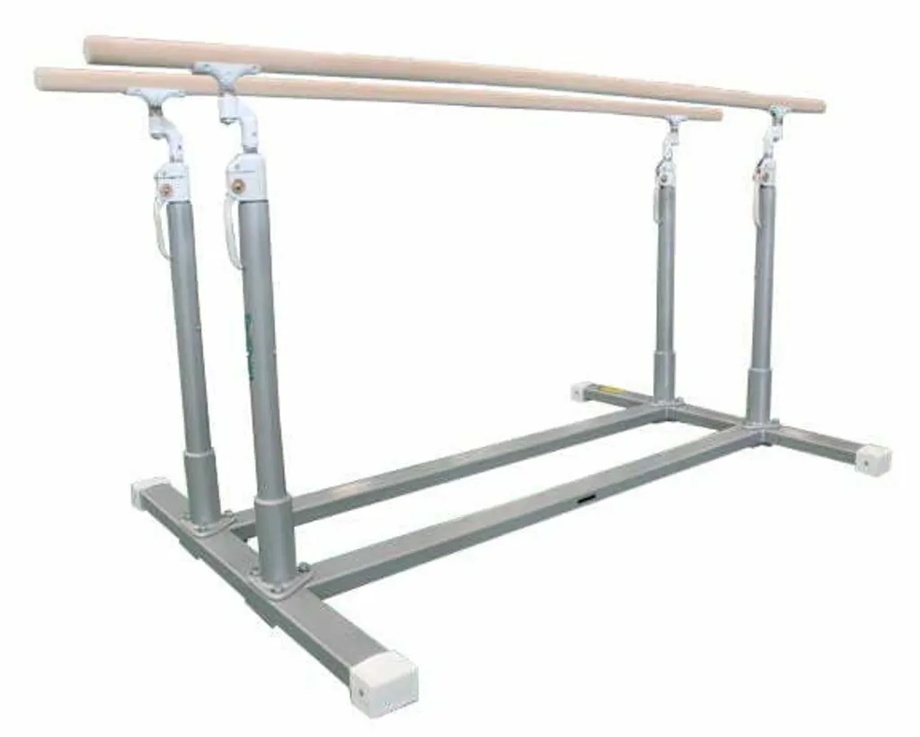 Training parallel bars with maple-wrapped fibreglass bars, stainless steel sliding uprights and a carbon steel adjustable base.