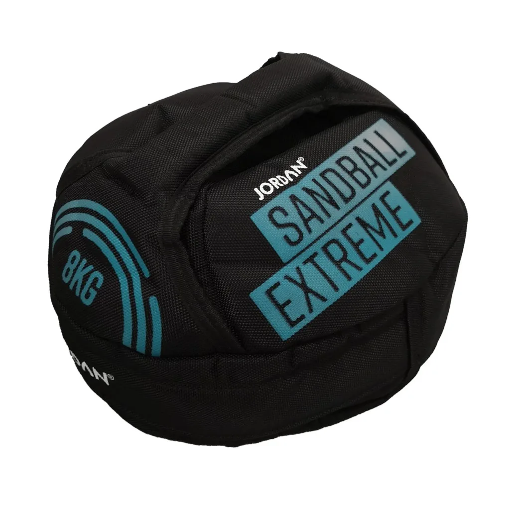 Black sandball with teal text 'SANDBALL EXTREME', side '8KG', small 'JORDAN' logo, two handles and reinforced quilted fabric.