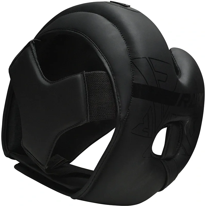 Black Convex Skin Maya Hide leather head guard with open face, chin strap, and 'RDX' logo on the side.