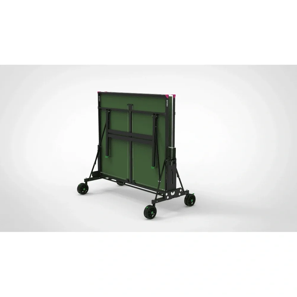 Folded green table tennis table with black legs and undercarriage, magenta corner pieces and four wheels for rollaway storage.