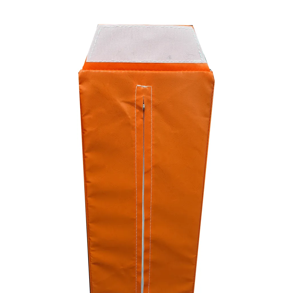 Orange segmented foam balance beam segment with heavy-duty PVC cover, white velcro patch on top and a vertical stitched zipper on the front.