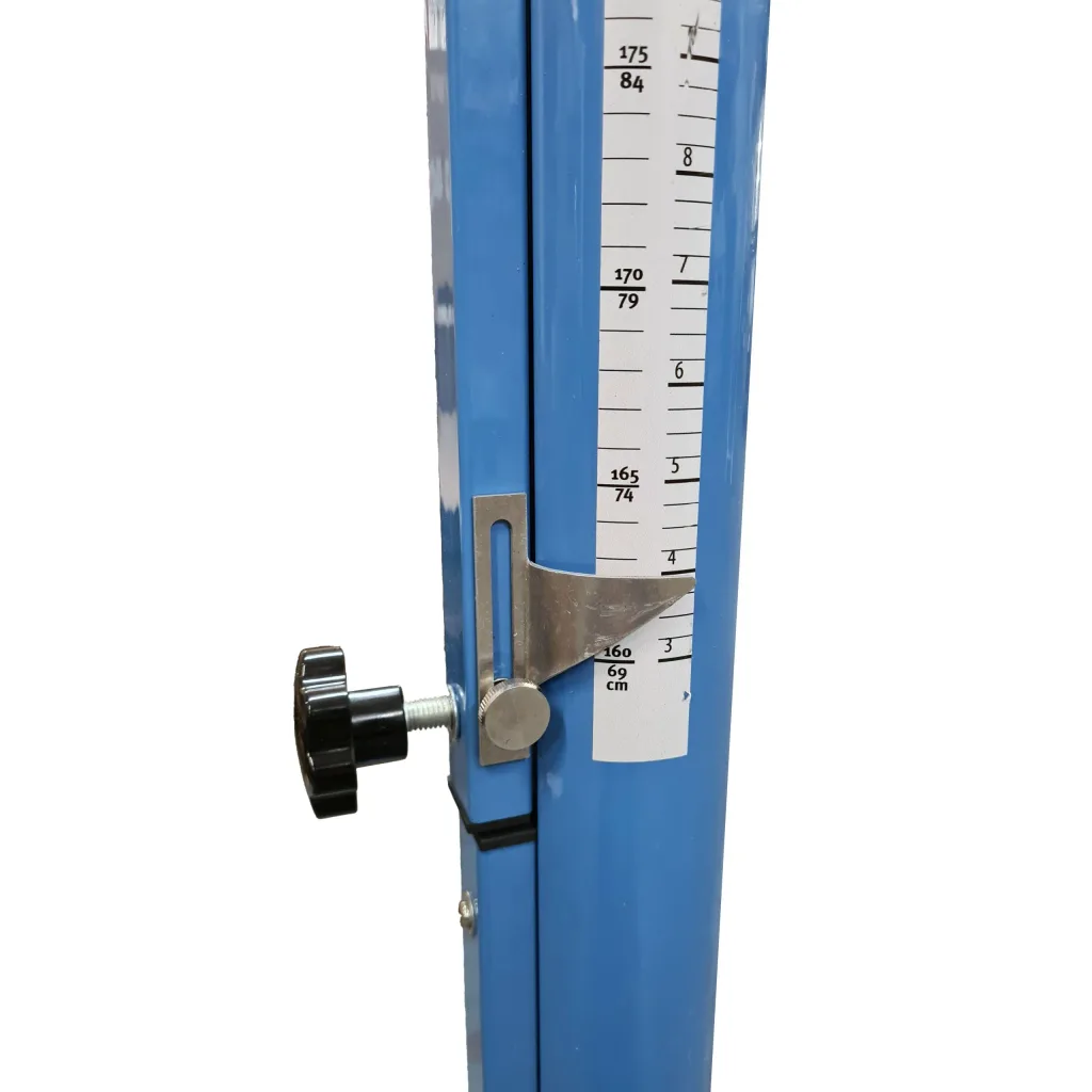 Blue extruded aluminium high jump upright with metal height indicator and black adjustment knob, measurement sticker reading 175 84 170 79 165 74 160 69 cm.