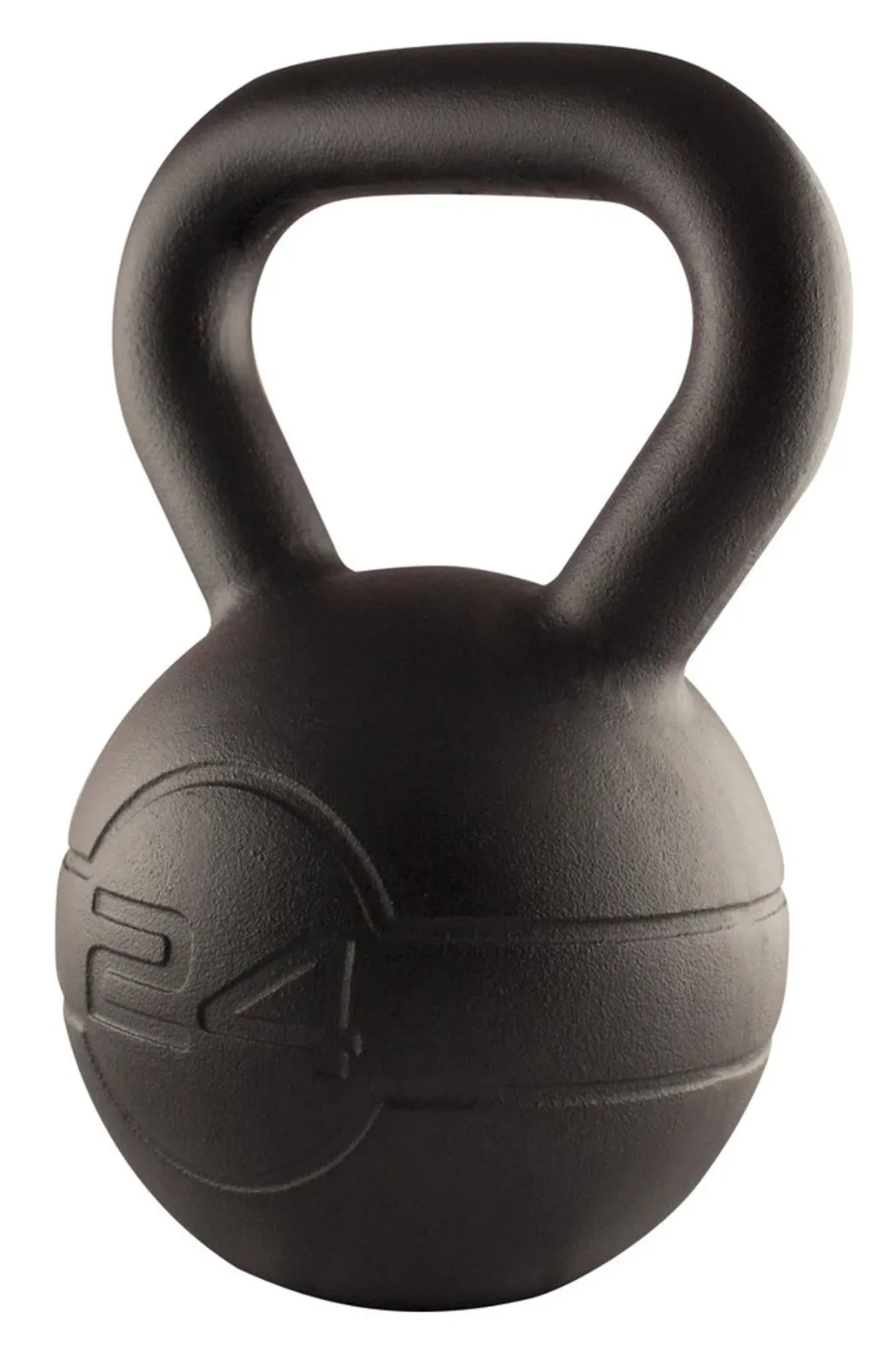 Cast iron kettlebell with matte coating, rounded body, wide handle and embossed 24 marking.