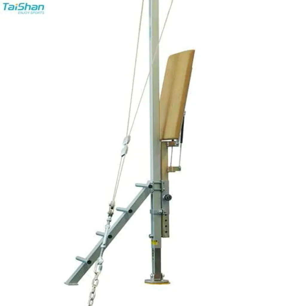 Adjustable ring access bench with plywood seat covered in PVC and high-density foam, mounted on a metal post with ladder rungs and support cables.