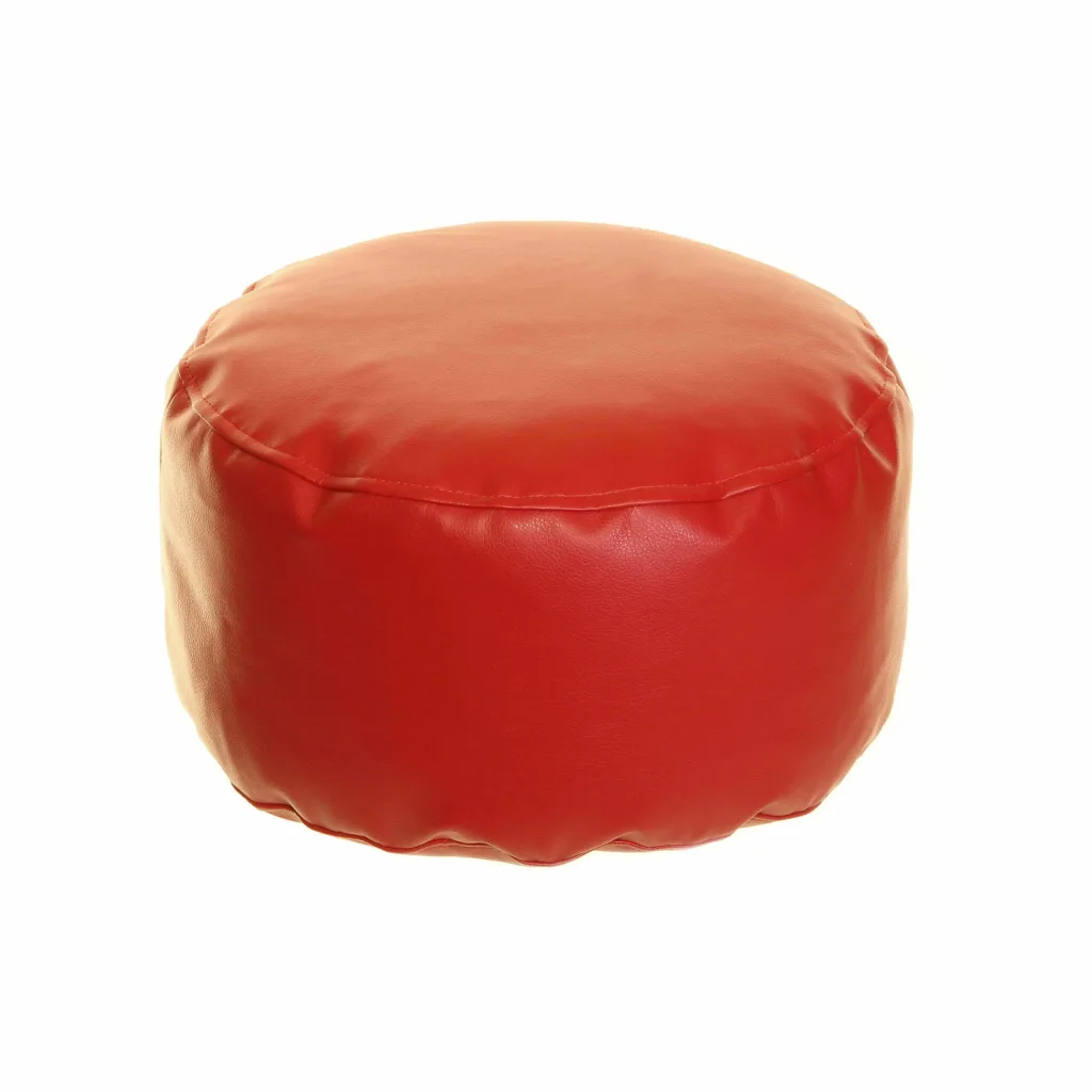 Round red faux leather bean pod with smooth top and visible stitched seam along the side.