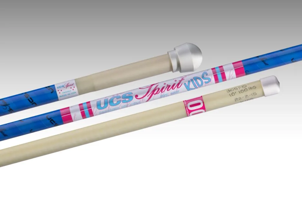 Three beige pole-vault poles with blue and pink Spirit Kids graphics and white end caps, one marked 10' 100 lbs.