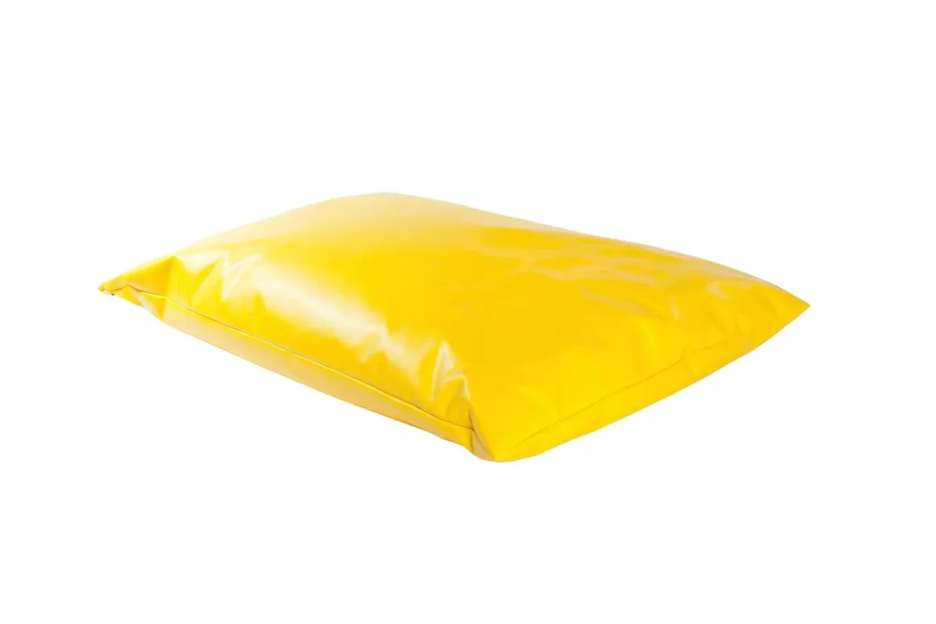 Giant yellow faux leather child floor cushion with a slightly flattened rectangular shape and smooth wipe-clean PVC cover.