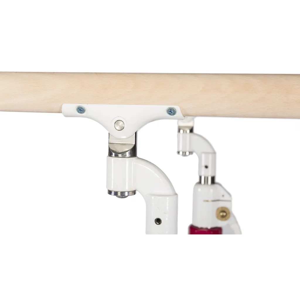 Maple parallel bar secured by white metal uprights with stainless steel fittings and a red base visible.