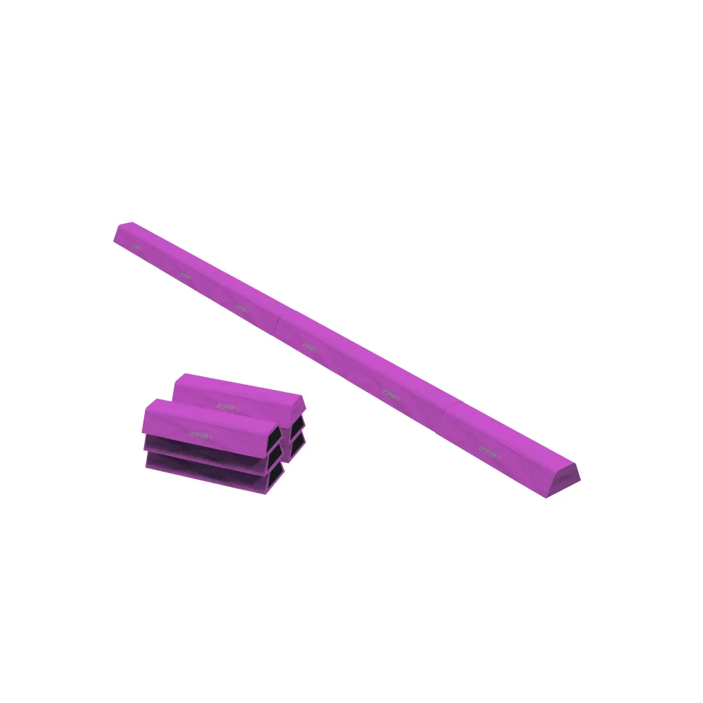 Segmented foam balance beam with six velcro-joined sections and carrying bag, PE foam core with flame-retardant PVC cover.