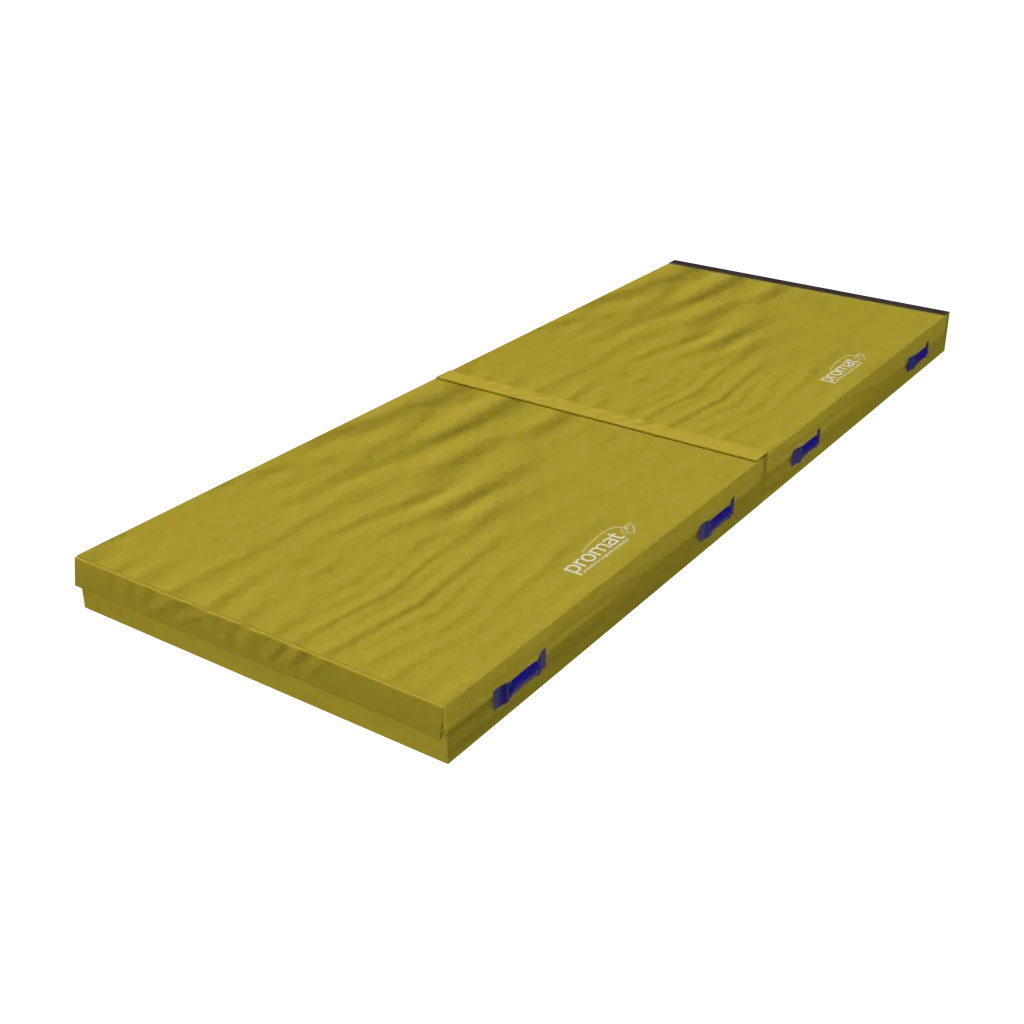 Yellow connecting safety mat with two linked panels and blue carry handles.