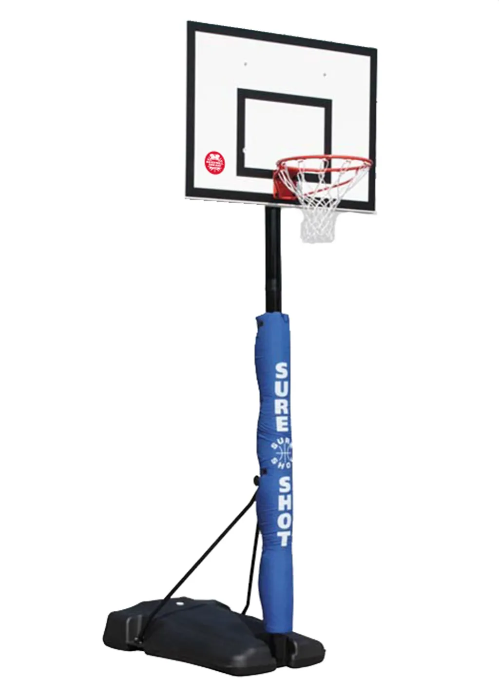 Portable basketball hoop with white polypropylene backboard with black trim, metal rim and net, black three-piece pole with padded cover and fillable black base on wheels.