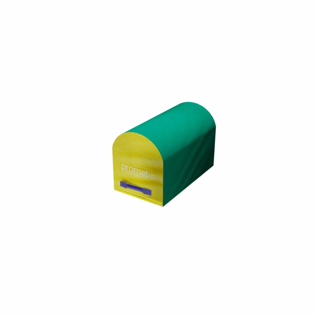 Arched mailbox-style gymnastics trainer with "promat" printed on the end and a carry handle, high-density PU foam with flame-retardant PVC cover.