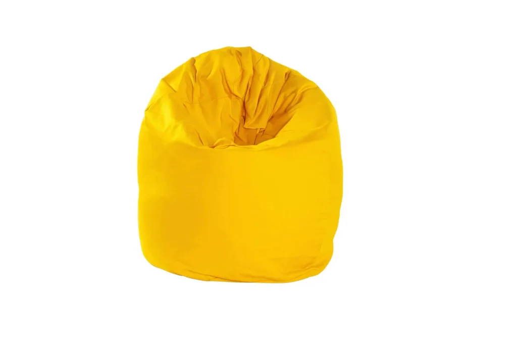 Yellow cotton child-sized bean bag with a slouched top and rounded base.