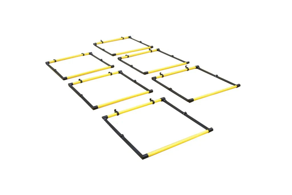 Pack of six yellow and black training hurdles arranged as connected agility ladder squares on a white background.