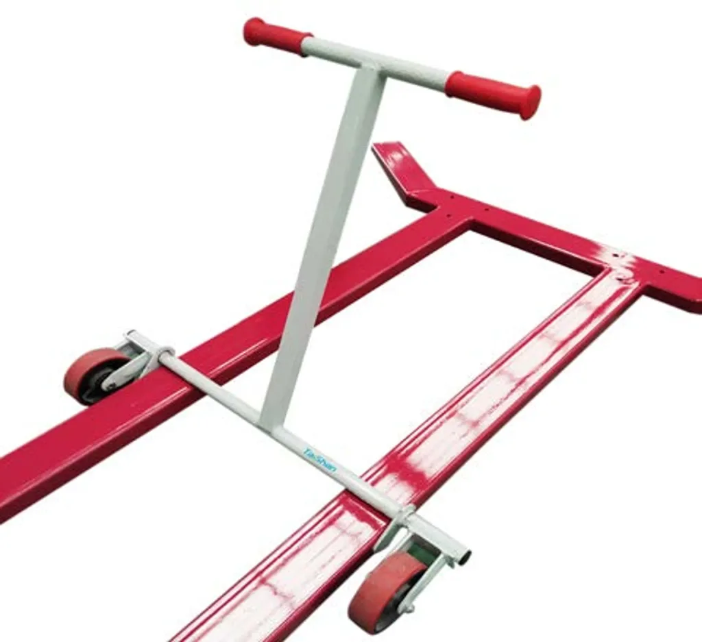 Red parallel bars cart frame with a white T-shaped handle and two red caster wheels for moving equipment.