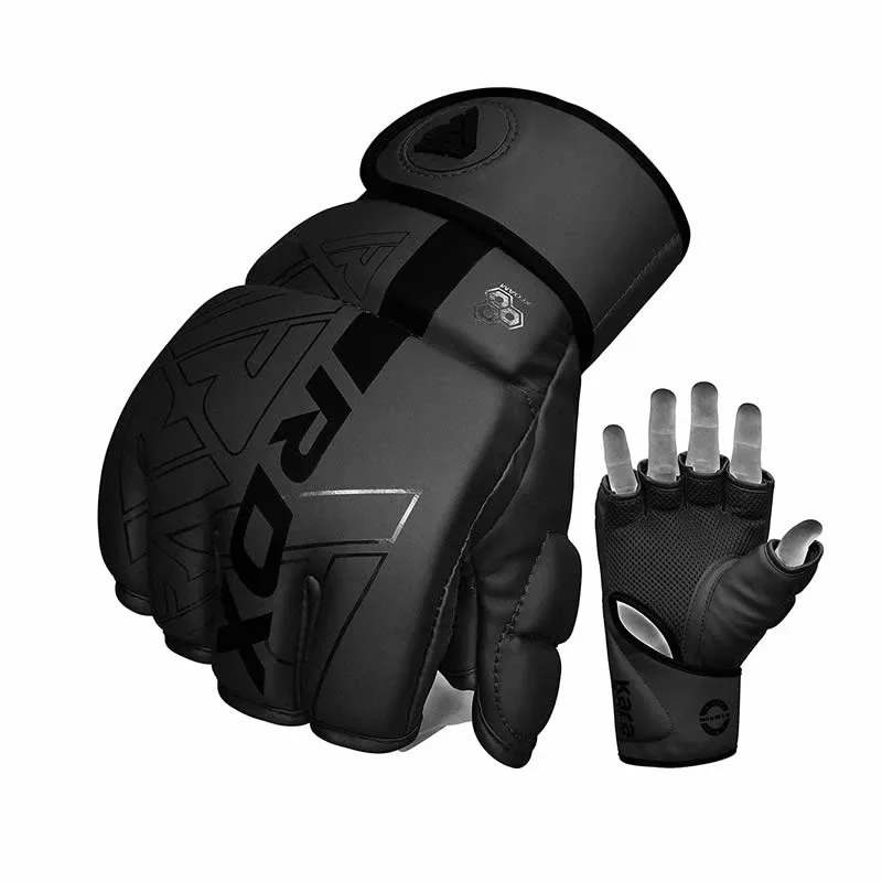 Pair of MMA grappling gloves made from Convex Skin Maya Hide leather, with "RDX" on the knuckle and "kara" on the wrist cuff.