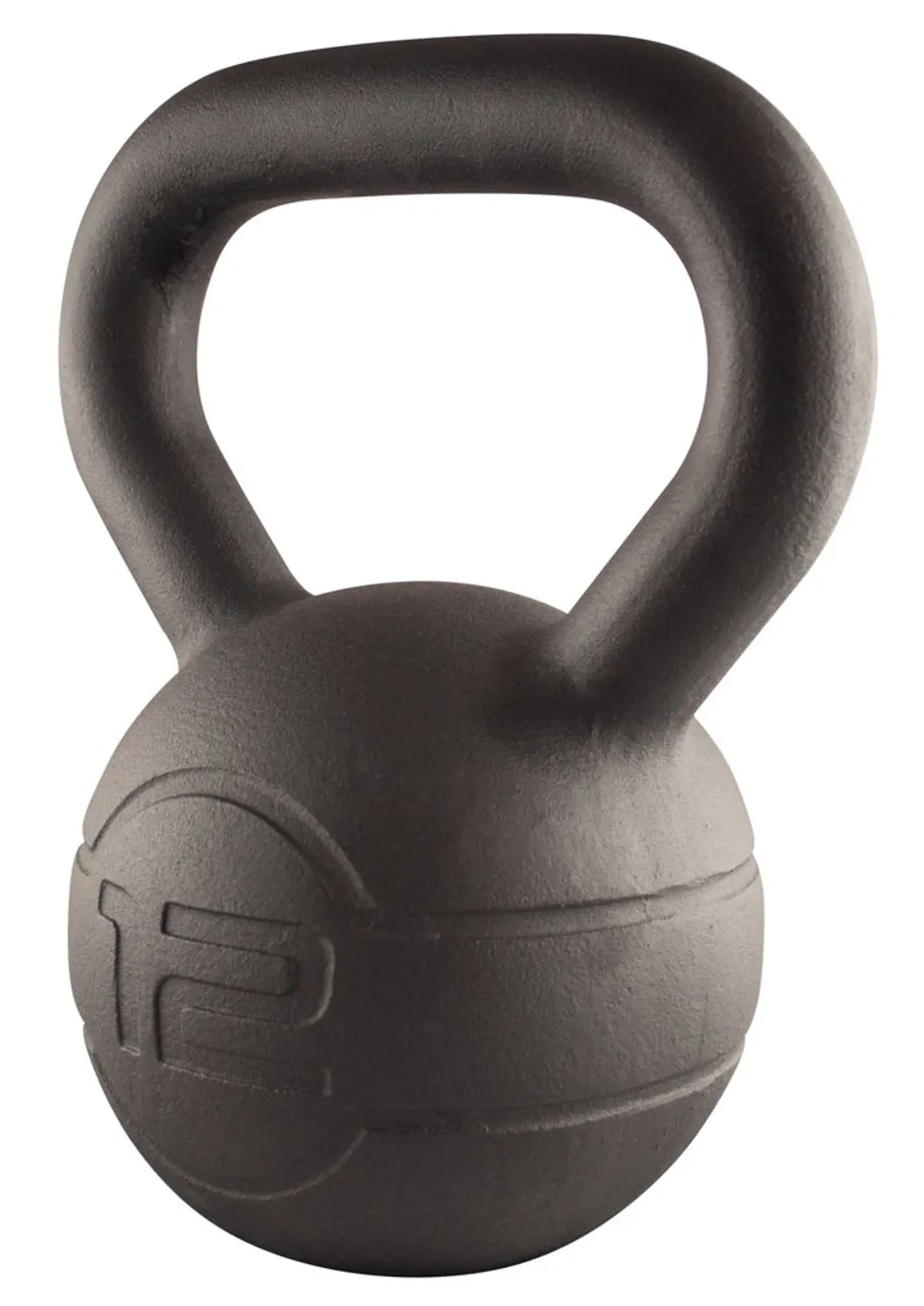 Matte-coated cast iron kettlebell resting upright with a wide handle and an embossed band around the ball.