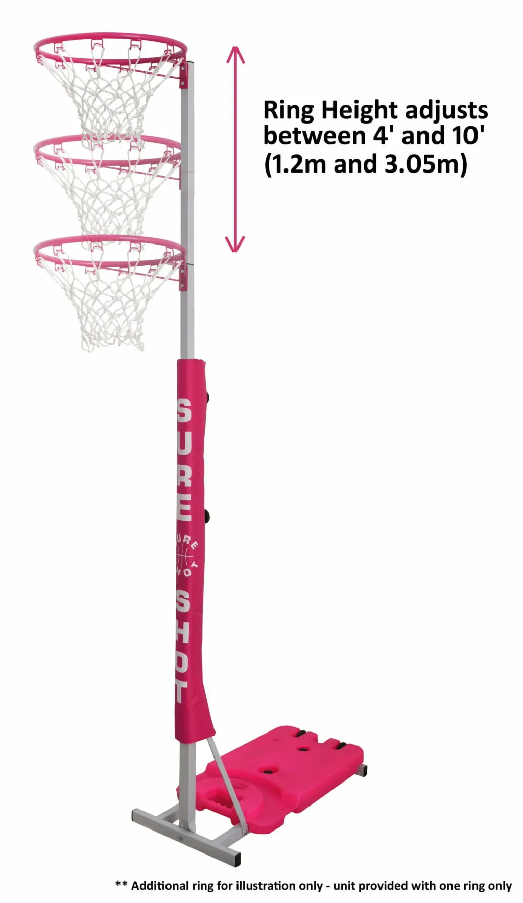 Junior netball unit with silver ring, white net, black pole and ballast; text Ring Height adjusts between 4' and 10' (1.2m and 3.05m).