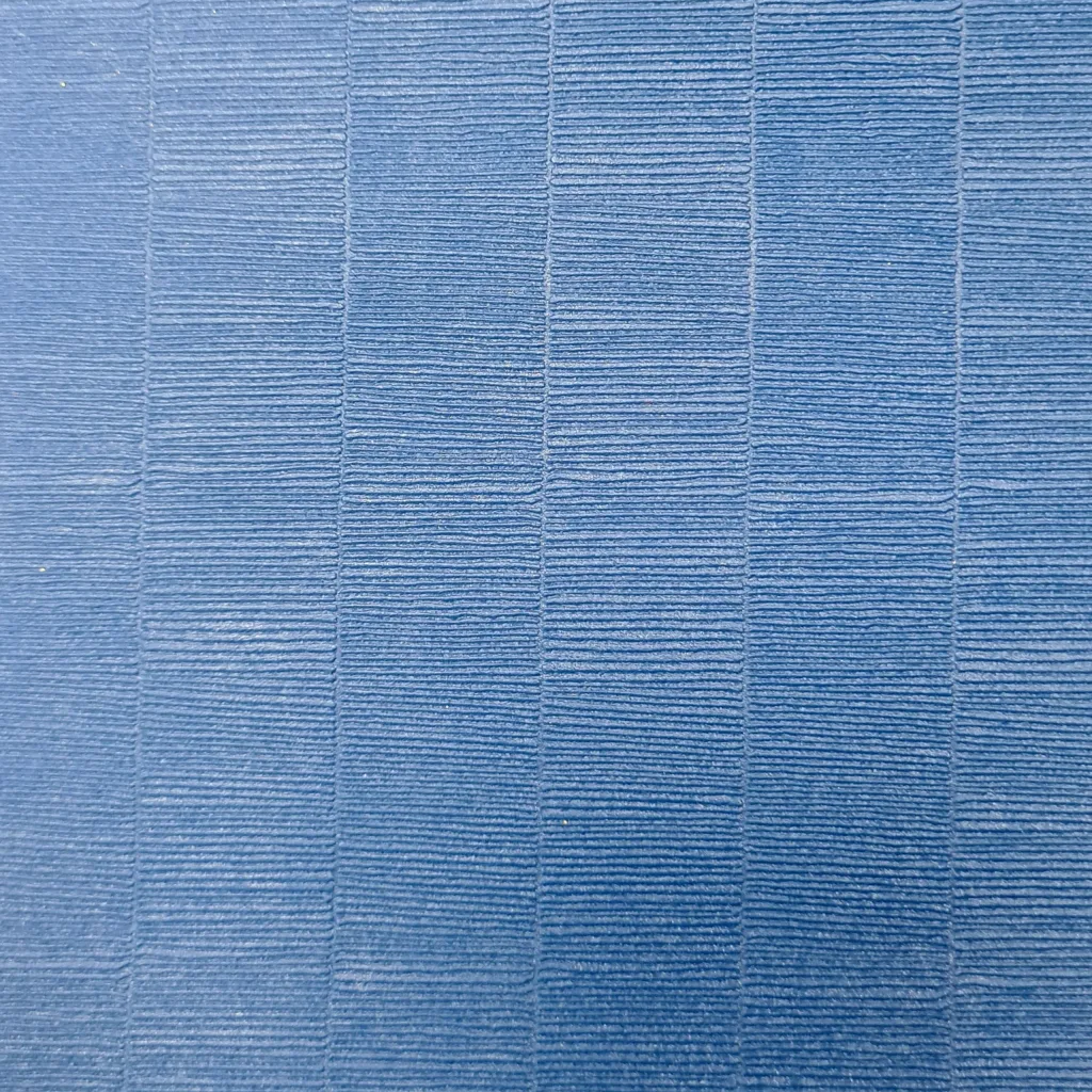 Blue PVC roll-out mat with low-profile tatami emboss showing narrow horizontal ribs arranged in vertical panels.