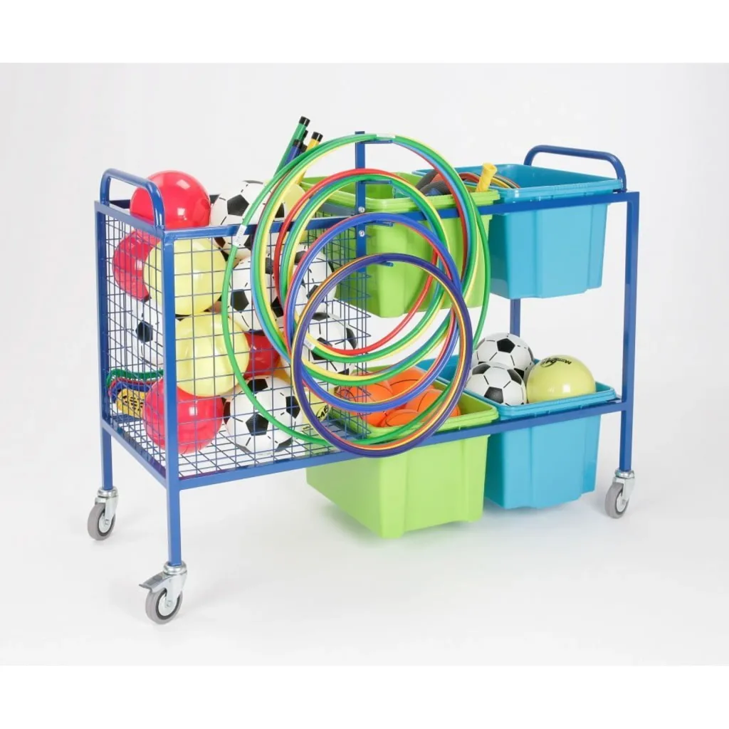 Blue metal equipment trolley with a wire storage cage and four removable plastic bins holding balls and colorful hoops.