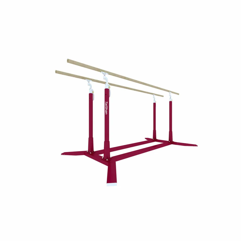 Competition parallel bars with maple-wrapped fibreglass rails on a red steel base with four adjustable uprights.