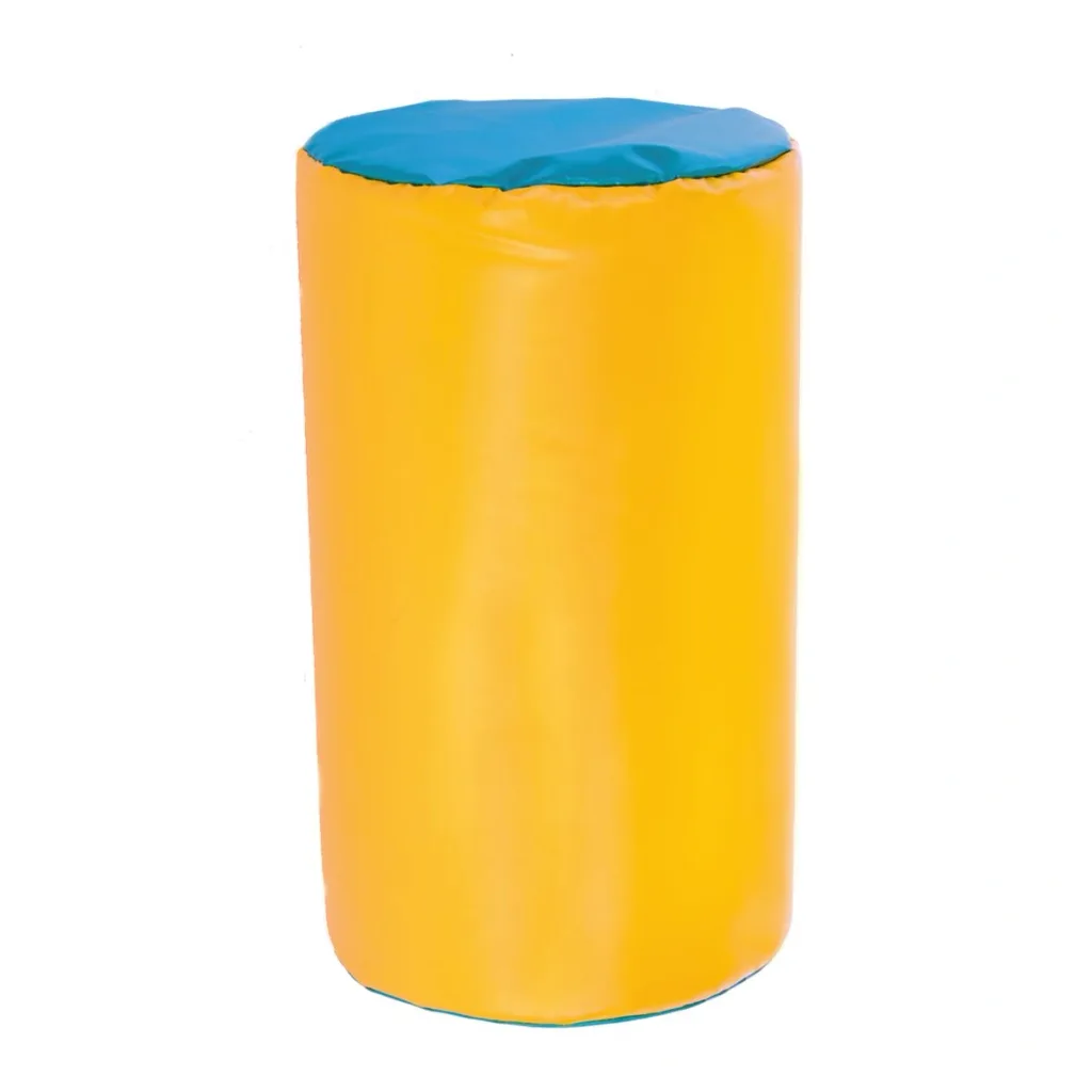 Yellow cylindrical soft-play foam piece with a blue top, used as a children's play cushion.