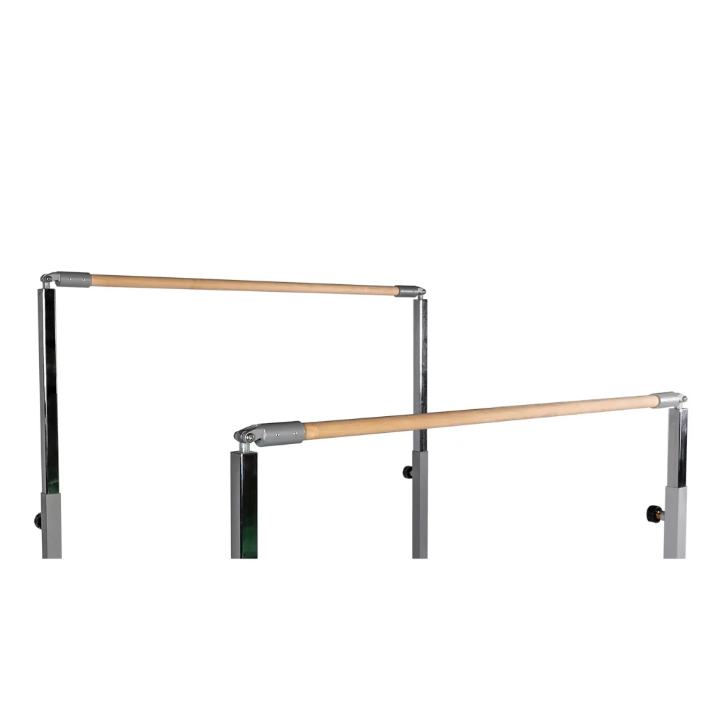 Adjustable children's uneven bars with two wooden horizontal rails mounted on a carbon steel frame with vertical posts and adjustment knobs.