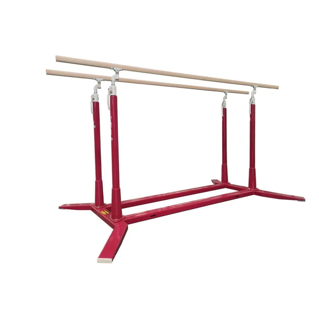 Red competition parallel bars with maple-wrapped fibreglass rails on a carbon steel base with four adjustable uprights and height/width adjustment.