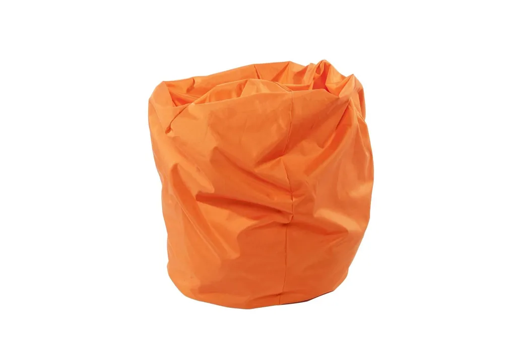 Child bean bag in burnt orange polyester for indoor/outdoor use, shown slouched with creased surface.