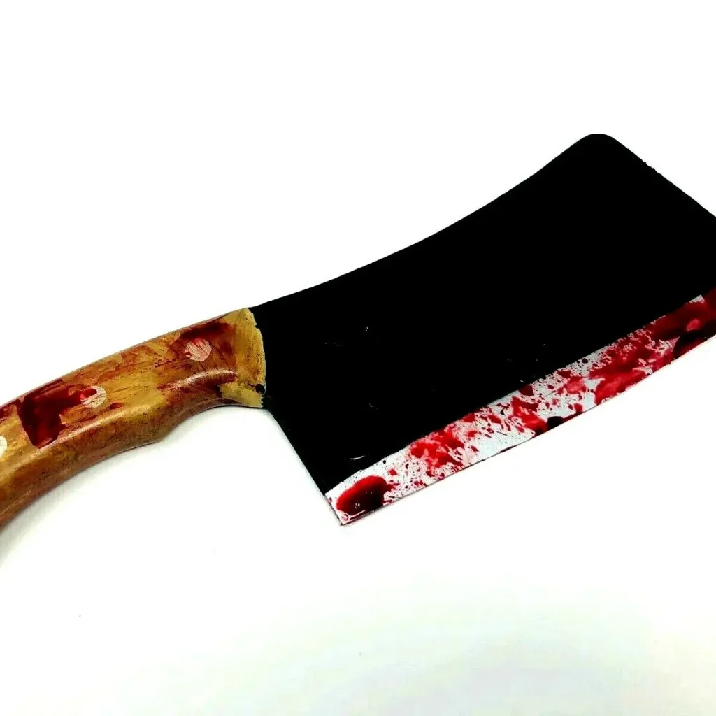 PU foam meat cleaver training prop with a wood-toned handle and a black blade splattered with red 'blood'.