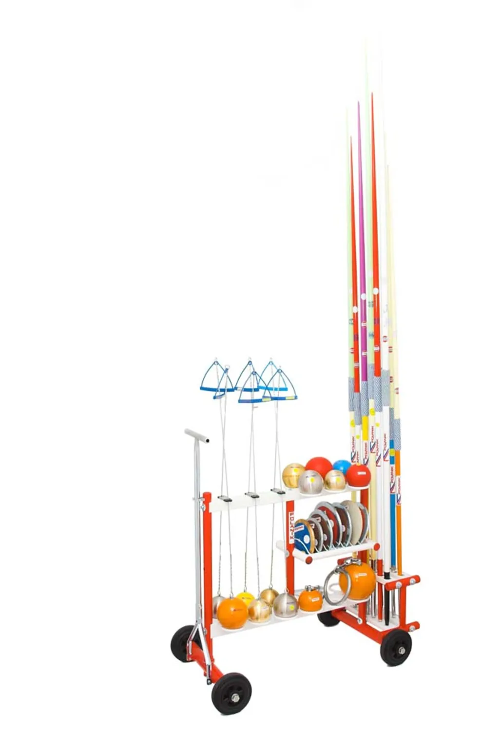 Powder-painted steel combo rack on wheels holding javelins, shot puts, hammers, and discus.