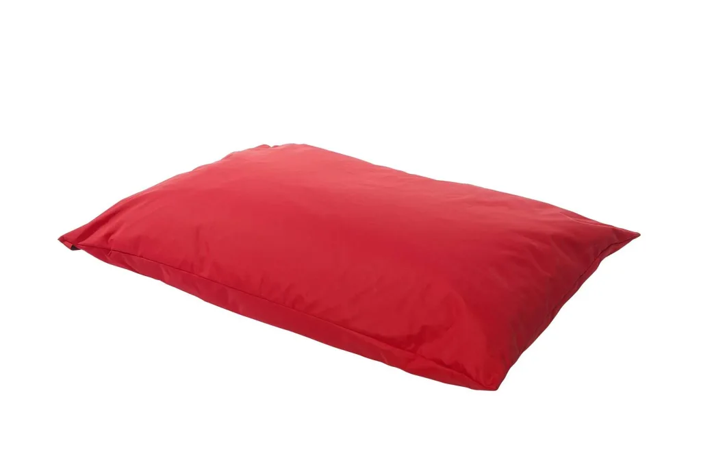 Large red rectangular floor cushion with removable cotton cover and polybead filling on a white background.