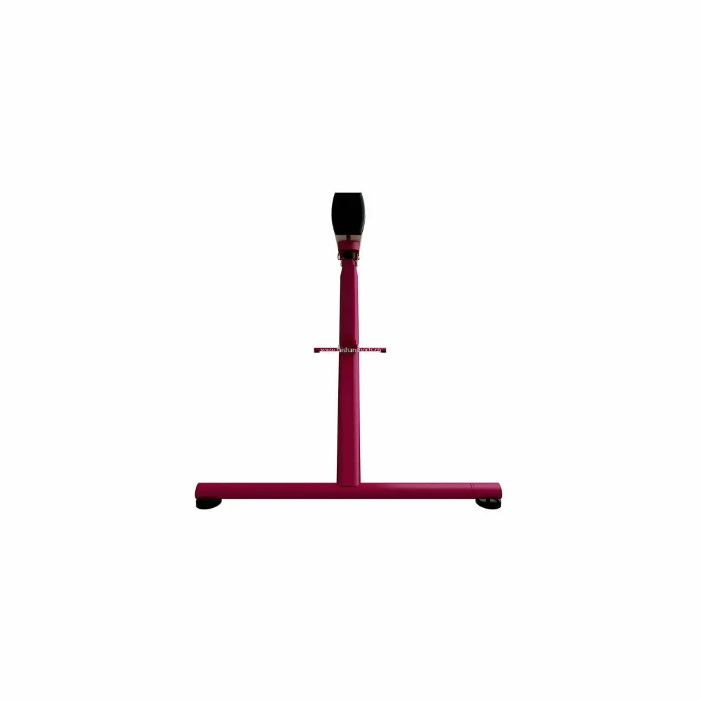 Competition balance beam support with red vertical column, T-shaped red base and black padded beam top.