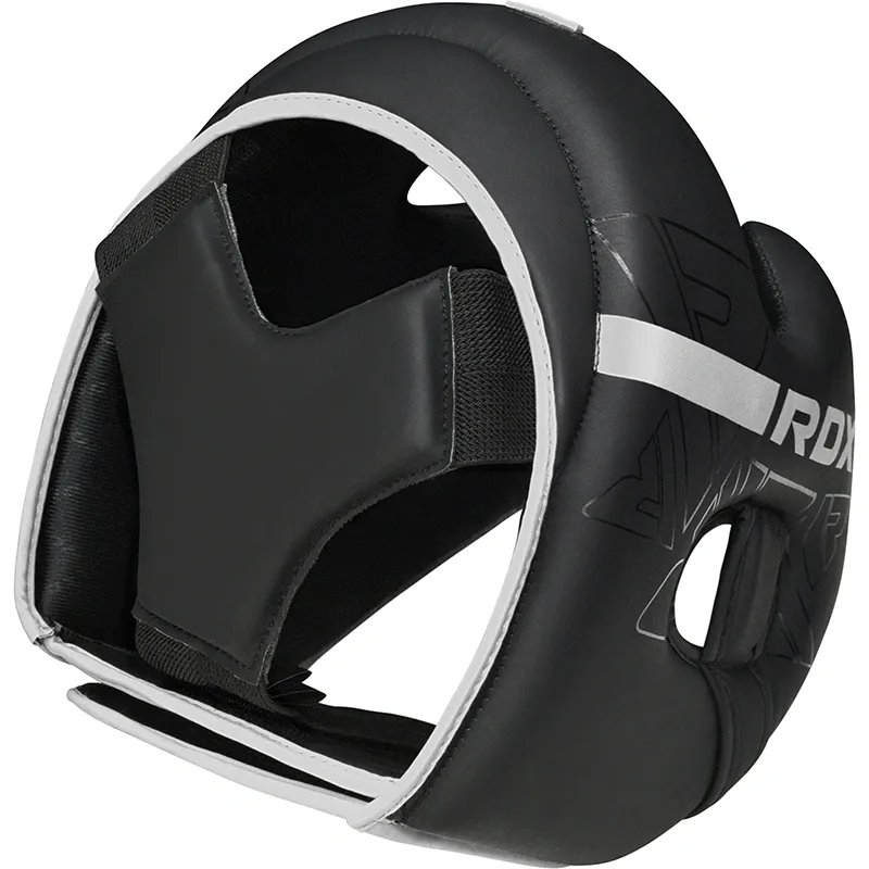 Black head guard in Convex Skin Maya Hide leather with white trim, open-face design and padded chin and ear protection.
