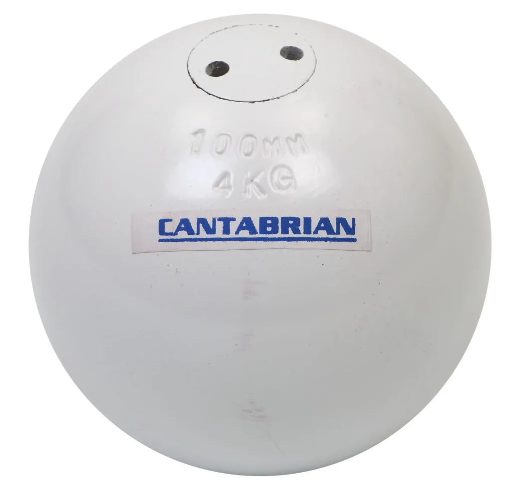 White powder-painted turned iron competition shot put with embossed size and weight markings and a blue rectangular sticker on the front.