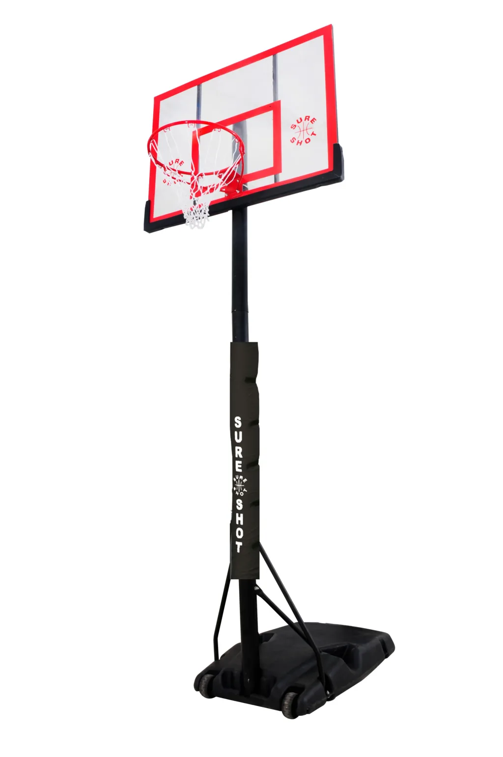 Portable basketball hoop with red-trim clear backboard, red rim and white net, black padded pole labeled SURE SHOT and wheeled black base.