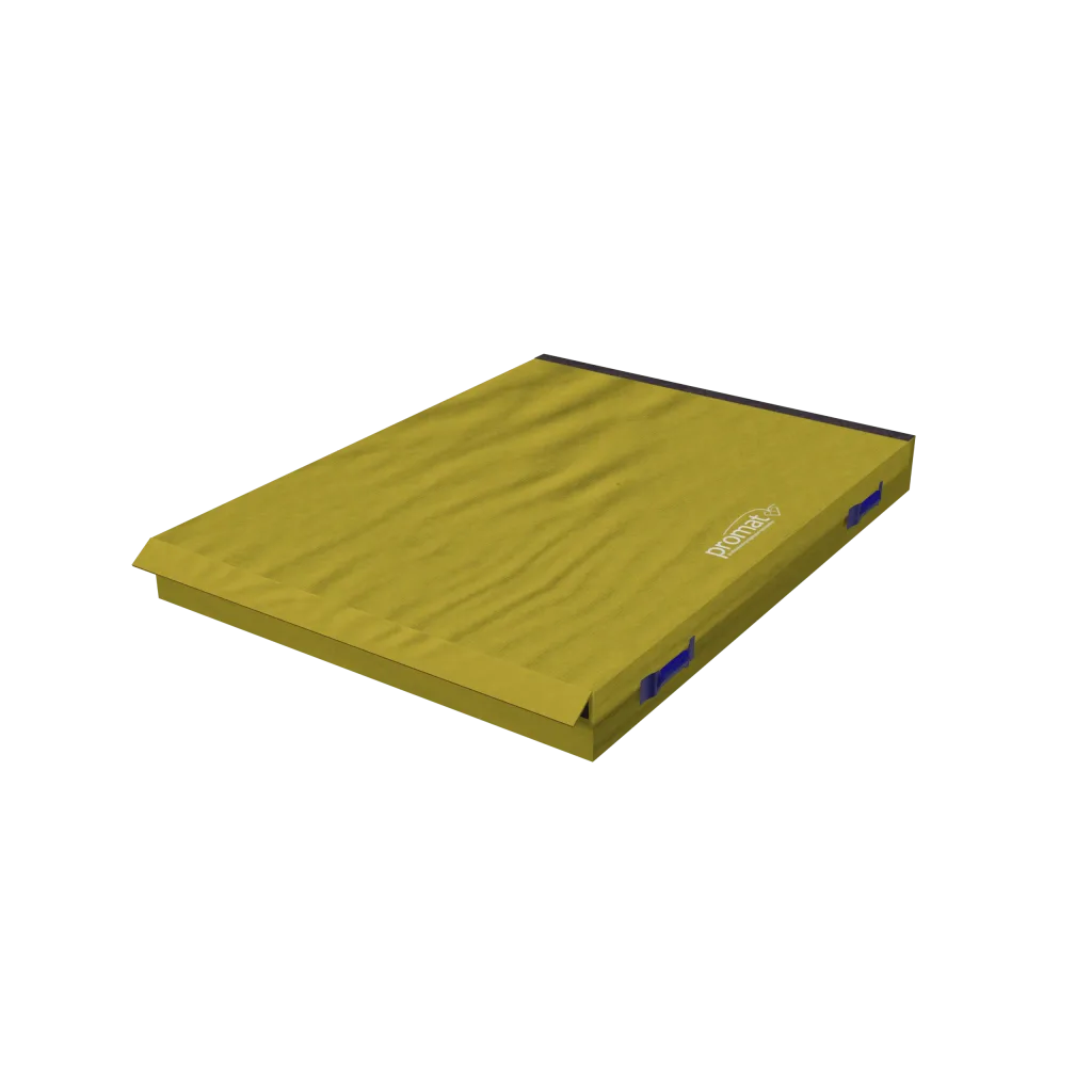 Yellow connecting safety mat with blue carry handles and black hook-and-loop edge, promat printed on top.