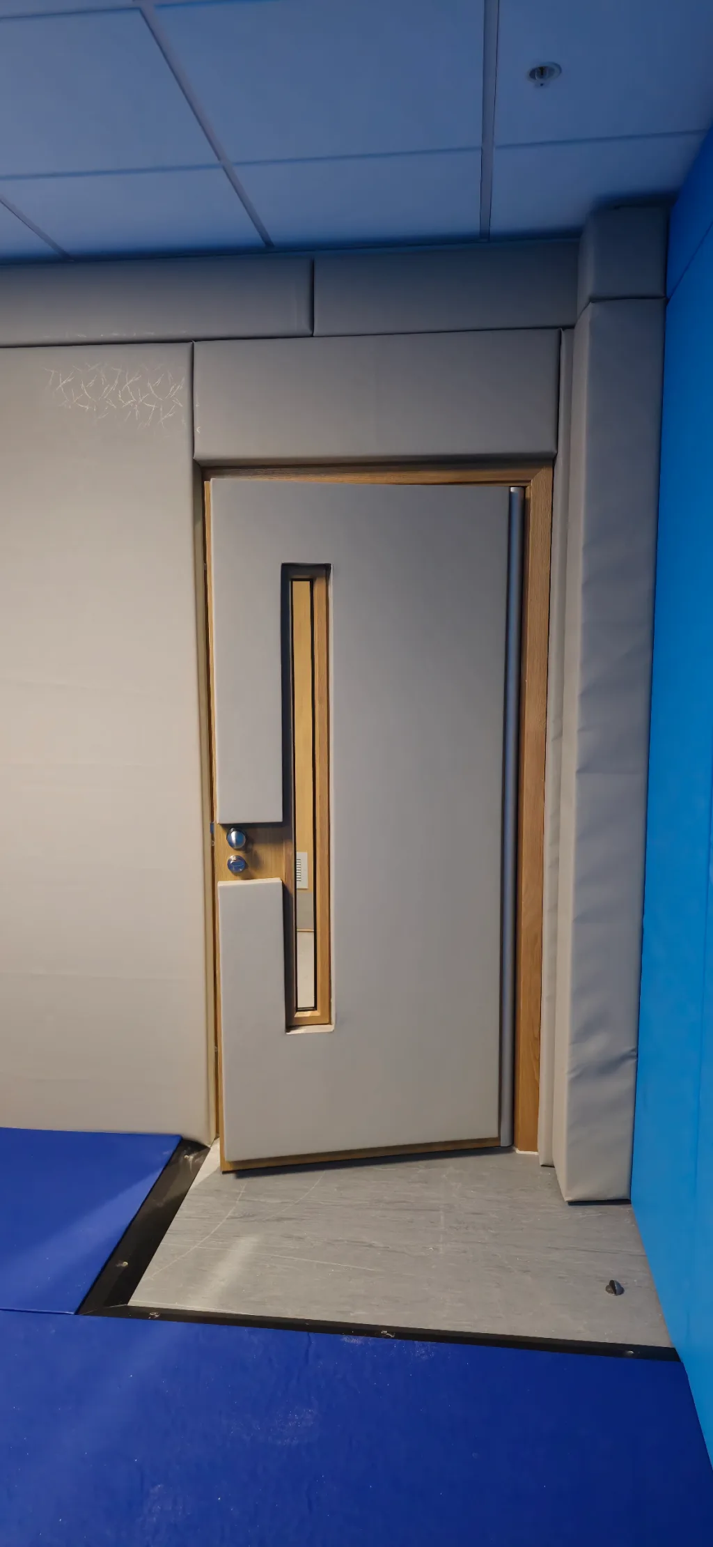 Grey padded door recessed in floor-to-ceiling grey wall padding with a narrow vertical glazed panel and blue padded floor mats at the entrance.