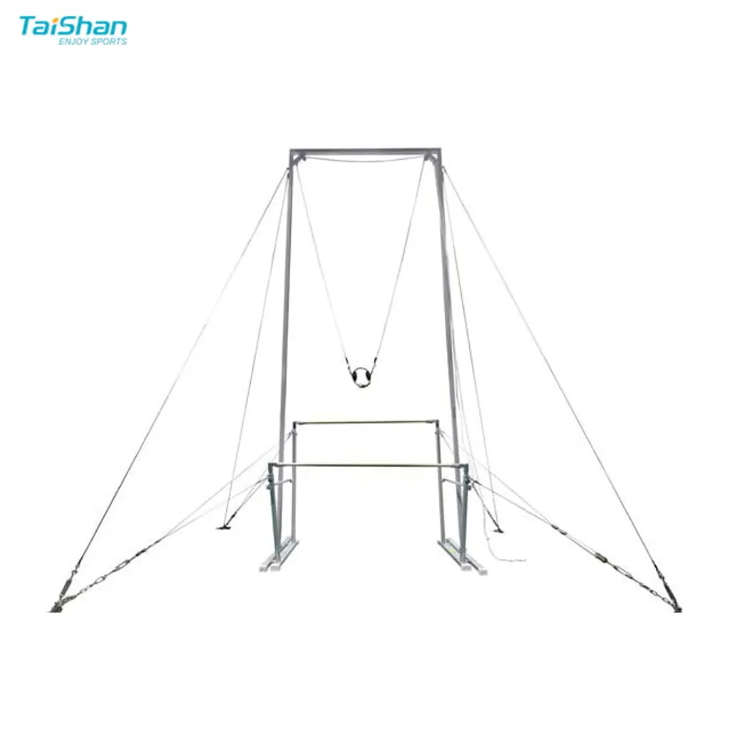 TaiShan ENJOY SPORTS logo top left, tall metal coaching rig with central pulley and harness above uneven bars, anchored by outward guy ropes.