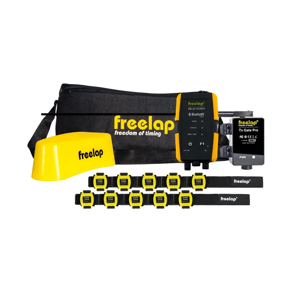 Black bag labeled 'freelap' with yellow timing sensor, relay device and several yellow wrist transponders for a ski timing kit.