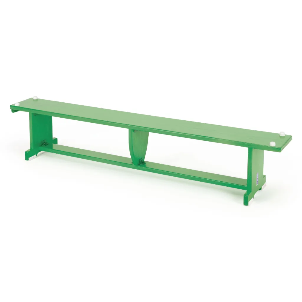 Green aluminium Lita bench with timber top, trestle supports and white rubber foot caps.