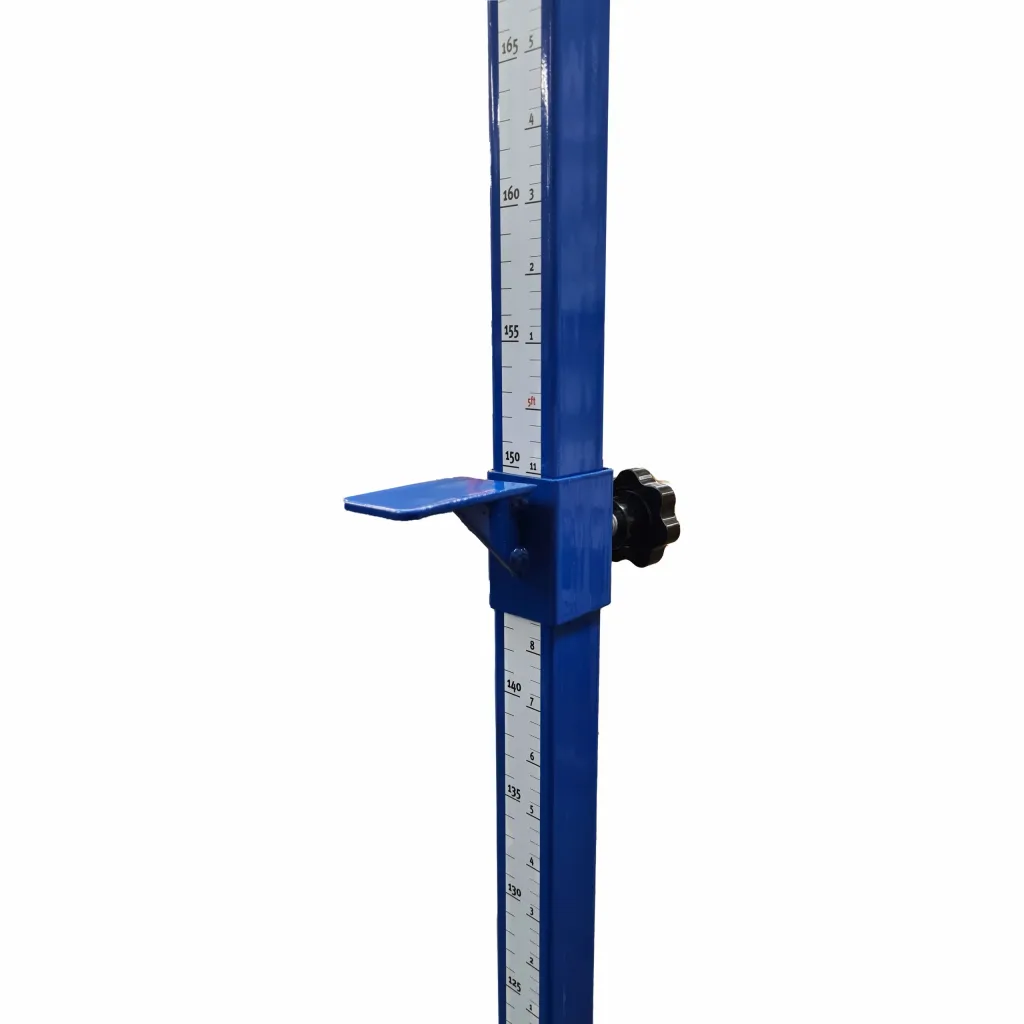 Blue steel high jump stand with adjustable shelf and measurement scale marked 165, 160, 155, 150 along the column.