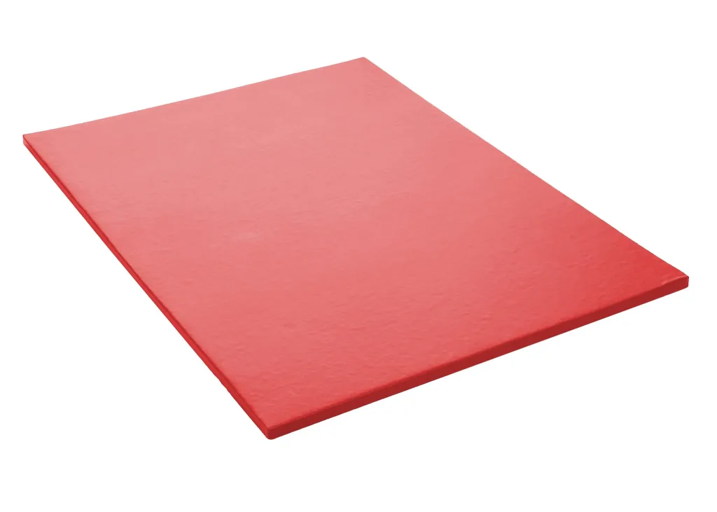 Red rectangular gym mat with heavy-duty flame-resistant PVC cover, high-density foam core and reinforced latex anti-slip base.