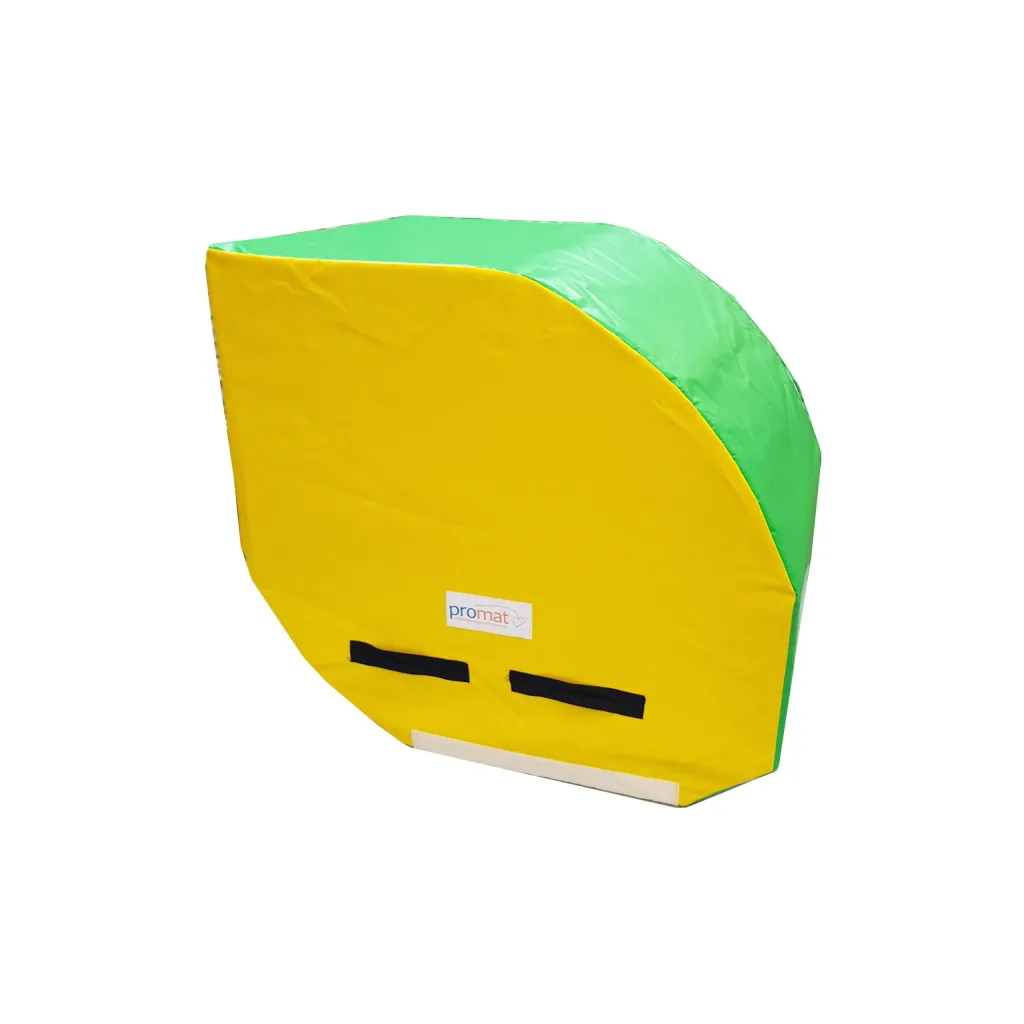 Yellow curved foam tumbler with green top, two black carry handles on the front and label reading promat.