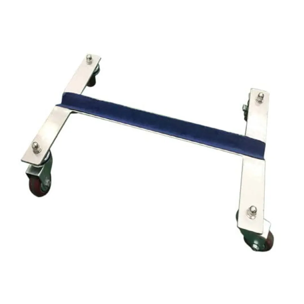 Metal cart with four swivel casters and a blue strap across the top designed to transport a balance beam.