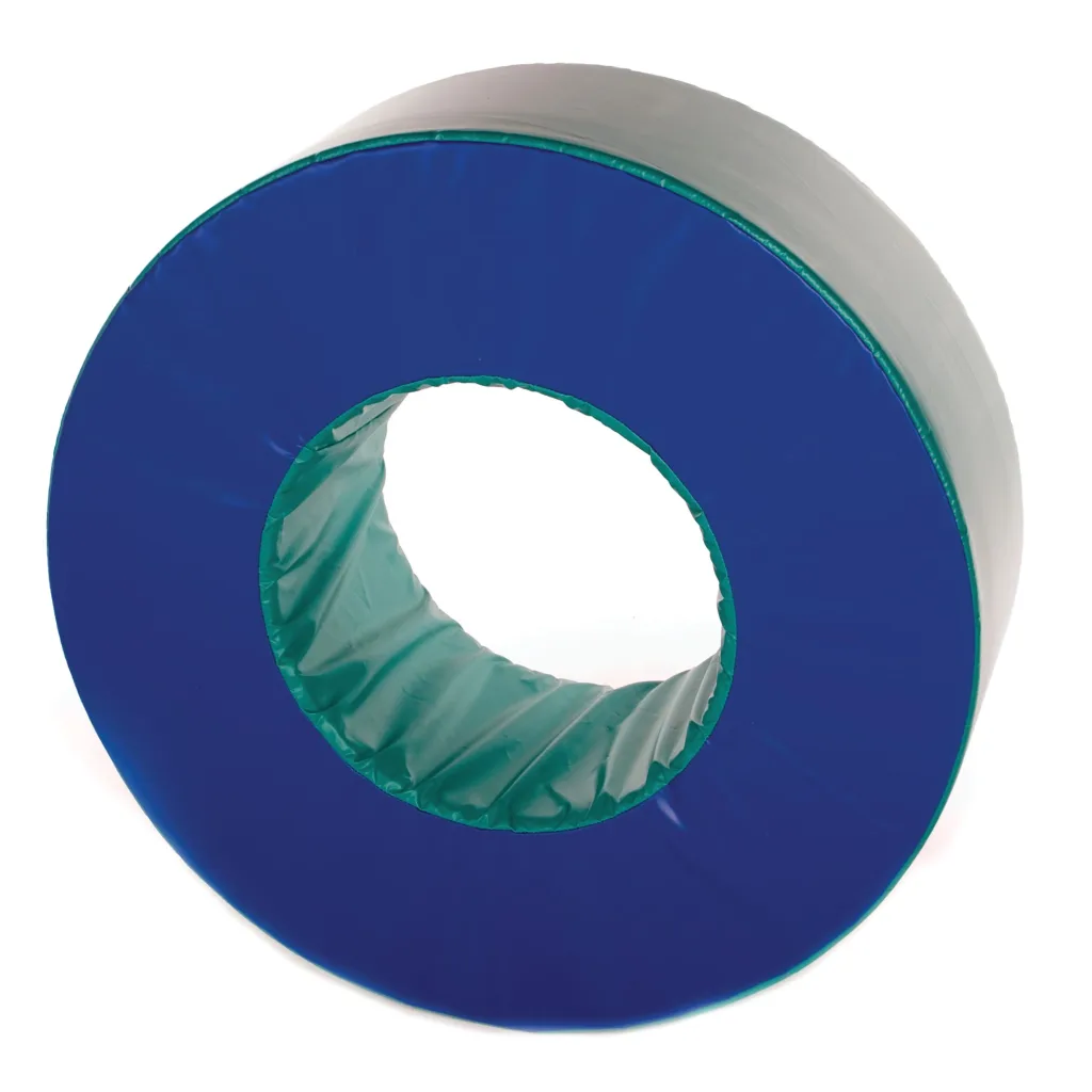 Donut-shaped foam play ring with a blue face, green inner tunnel and light gray outer cover.
