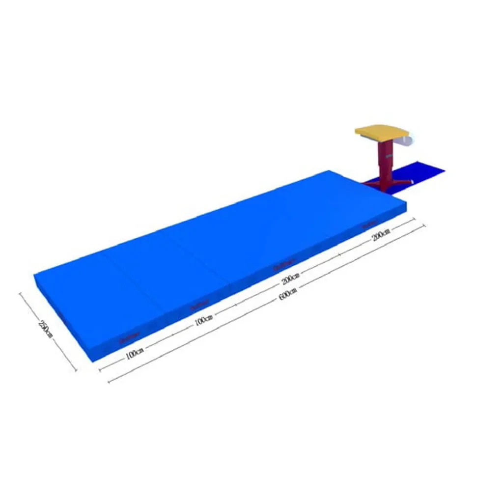 Blue modular landing mat in four rectangular sections beside a balance beam with a yellow top, total size 18m × 4m × 20cm.