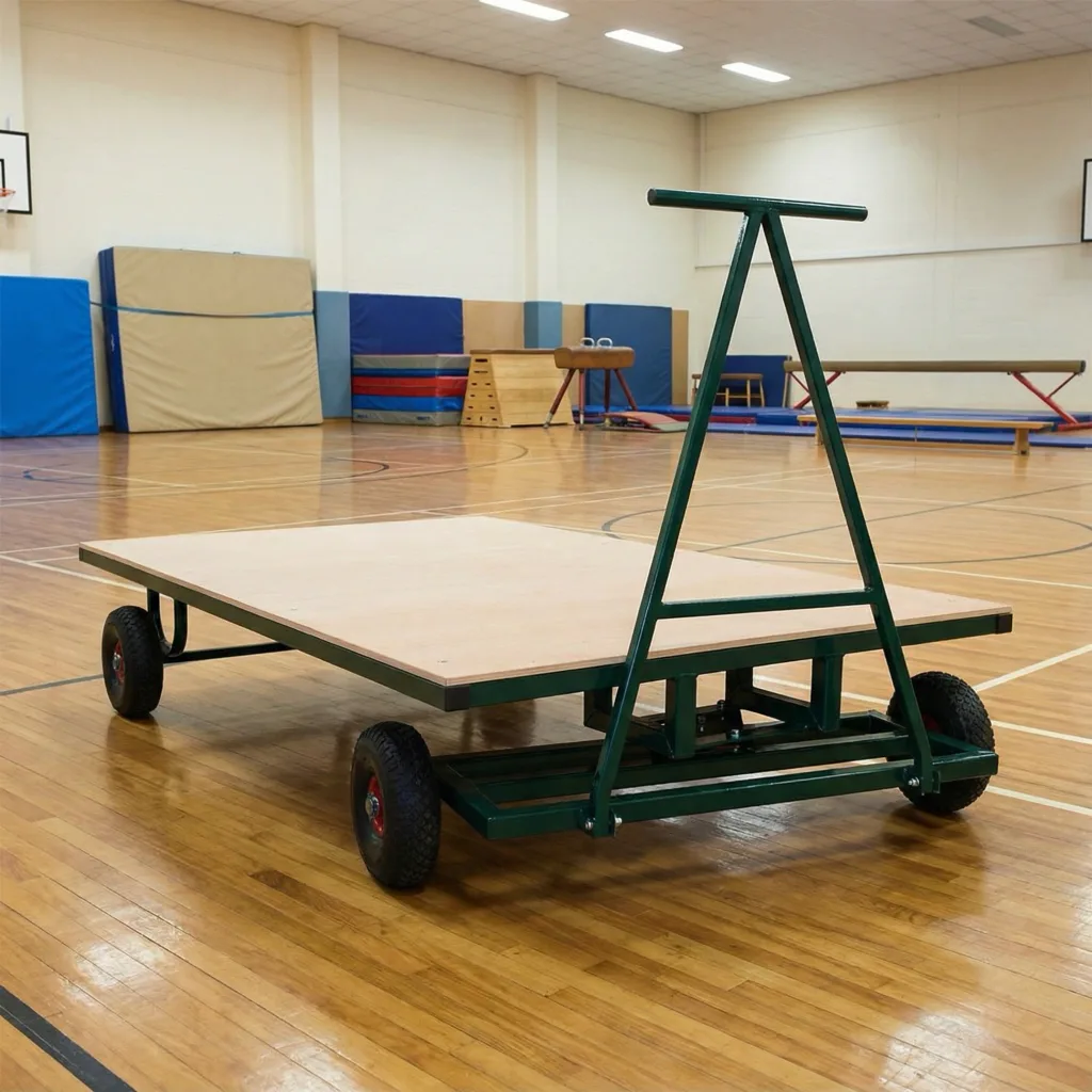 Green tubular steel mat trolley with a flat wooden deck, four large pneumatic wheels and a triangular steering arm, sitting on a gym floor.