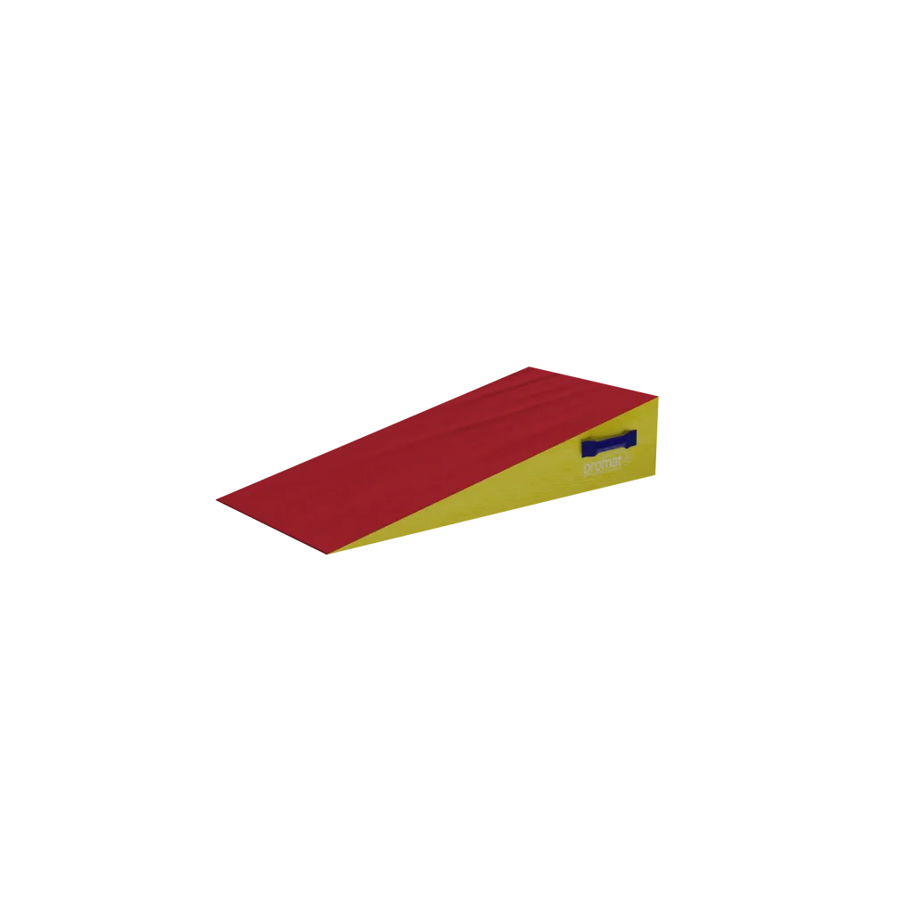 Inclined wedge with red top, yellow sides, a blue side handle and the text "promat" on the side.
