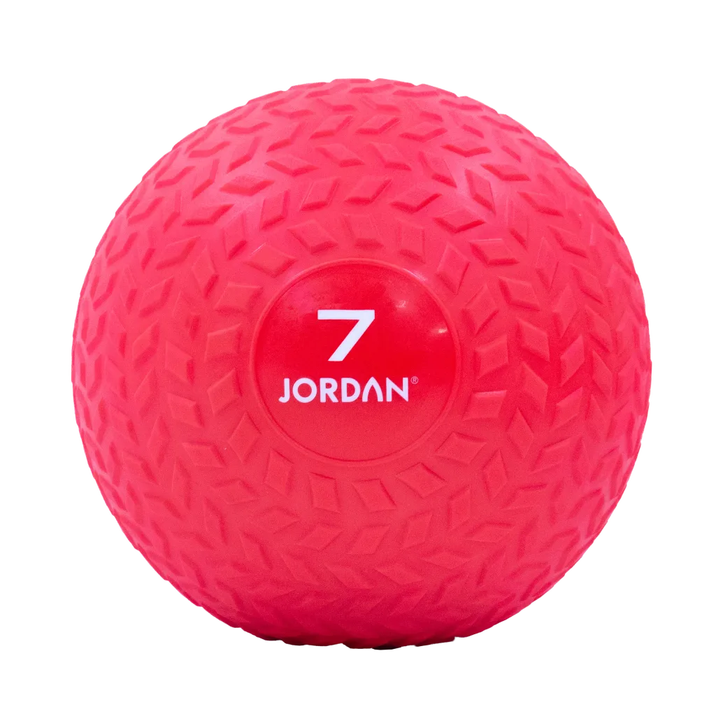 Red slam ball with textured chevron pattern and central text 7 JORDAN.